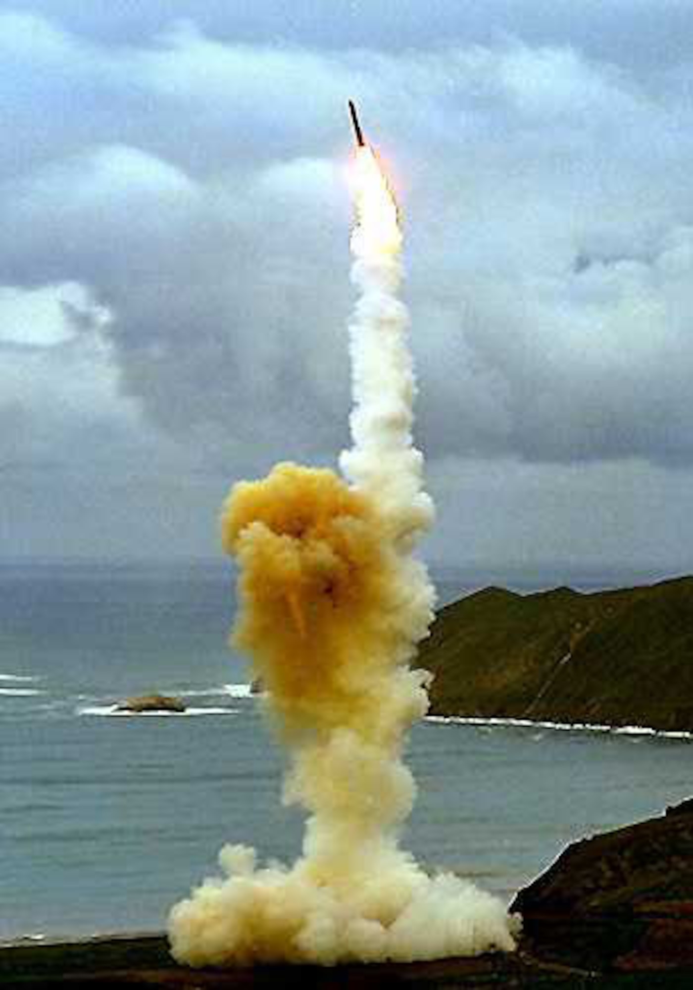 VANDENBERG AIR FORCE BASE, Calif.  -- An LGM-30 Minuteman III missile soars in the air after a test launch. The Minuteman is a strategic weapon system using a ballistic missile of intercontinental range. (U.S. Air Force photo)