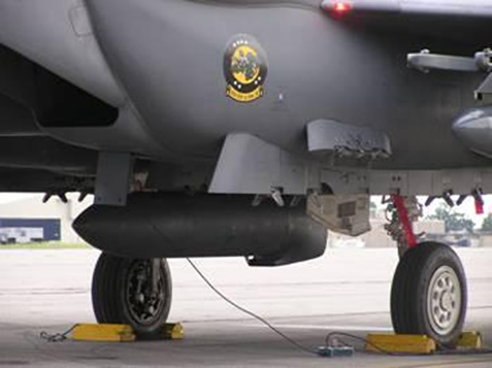 The AN/ASQ-236 Radar Pod contains synthetic aperture radar that provides detailed maps for surveillance, coordinate generation and bomb impact assessment purposes.  It will be operational on the F-15E Strike Eagle aircraft. (U.S. Air Force photo)
