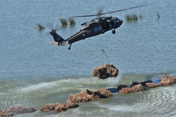 Louisiana National Guardsmen from 1st Assault Helicopter Battalion, 244th Aviation Regiment drop bundles of recycled Christmas trees from a UH-60 Black Hawk into Bayou Sauvage National Wildlife Refuge in New Orleans East to help combat coastal erosion.