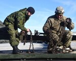 Virginia National Guard personnel and Canadian soldiers offload howitzers and other equipment from trucks Dec. 8, 2019, at Fort Pickett, Virginia. VNG Soldiers assigned to the 1032nd Transportation Company, 1030th Transportation Battalion, 329th Regional Support Group, conducted a line haul to help the Montreal-based 34th Canadian Brigade Group move equipment to Fort Pickett for a training exercise planned in January.