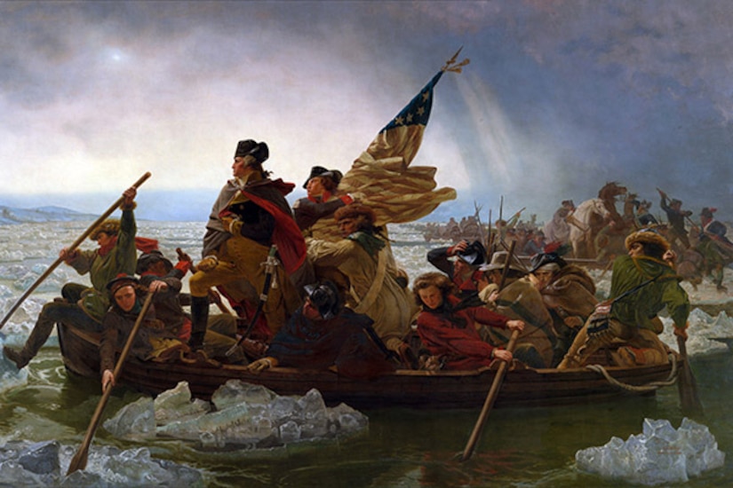 George Washington crossing river with Continental Army in 1776.