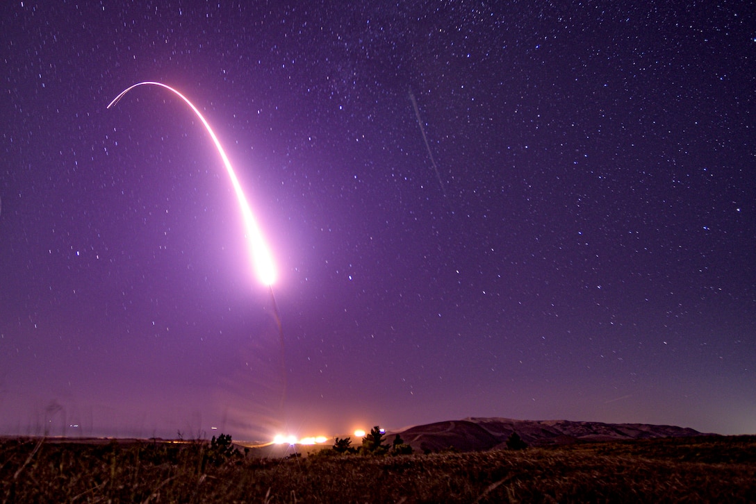 An unarmed Minuteman III intercontinental ballistic missile launches during an operational test.