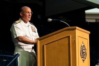 Chief of Naval Operations (CNO) Adm. Mike Gilday addresses the U.S. Naval Academy Class of 2024 in Alumni Hall.