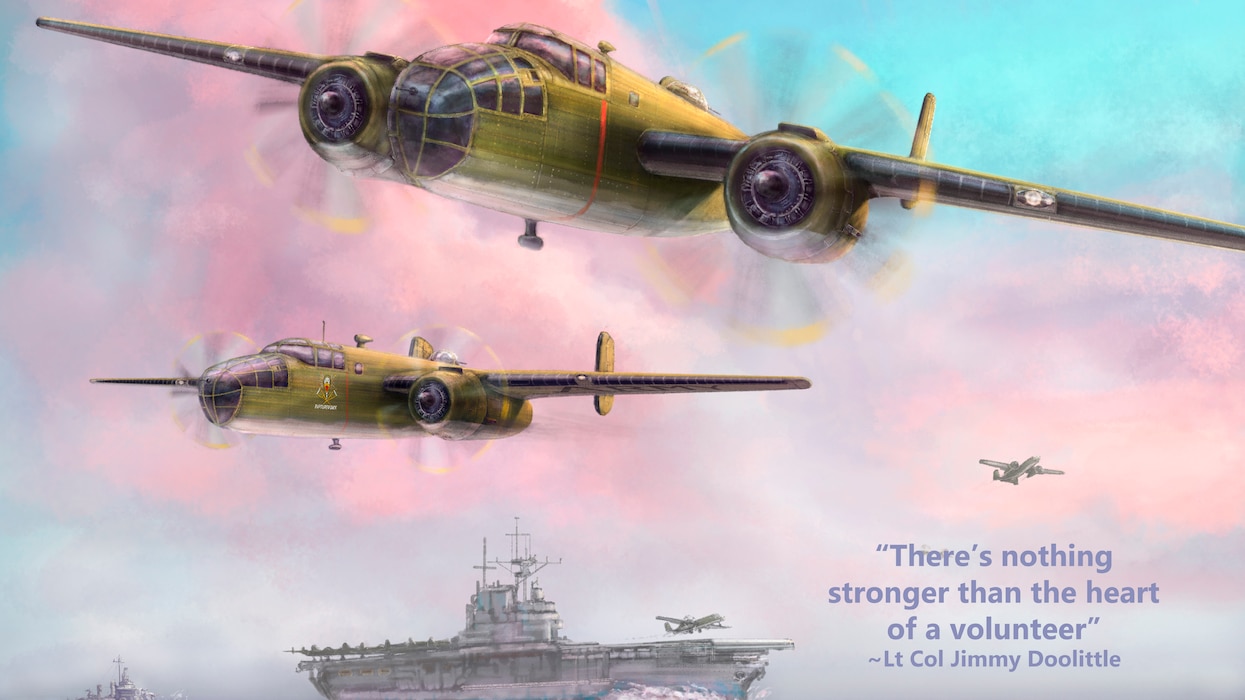 Digital rendering of Art piece Doolittle Raid Poster which links to full version.