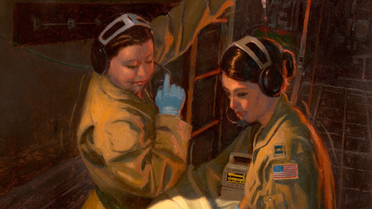 “BANDAGE 33”
BY LIEUTENANT COLONEL WARREN F. NEARY, 2014
Bandage 33 was an aeromedical evacuation mission flown by the 651st Expeditionary Aeromedical Evacuation Squadron out of Kandahar Airfield, Afghanistan. The team of Citizen Airmen, Captain Adriana Valadez and SrA Amanda Pena from the 433d Airlift Wing, and Lt Col Kathleen Sprague and MSgt John Kley from the 514th Air Mobility Wing were on a routine mission when they were diverted into Mazar-e-Sharif to pick up a critically wounded Airman. That patient was TSgt Zach Rhyner, an Air Force combat controller who had received the Air Force Cross for saving the lives of his 10-man Special Operations Team during a brutal ambush in 2008 and was back in the fight. The Bandage 33 team picked him up and continued with their mission. En route, Rhyner’s condition worsened, prompting Valadez to call for immediate diversion into Bagram Airfield. The aircraft encountered severe turbulence on approach, making it difficult to apply pressure to Rhyner’s wounds.
Undaunted by the shaking, Valadez and Pena strapped themselves to the side of the litter, making it possible for Valadez to apply pressure through the landing, taxi, and transportation to the hospital, thus saving Rhyner’s life. On an average day, there are more than 60 Reserve aeromedical evacuation teams providing support to combatant commands and saving the lives of wounded warriors.