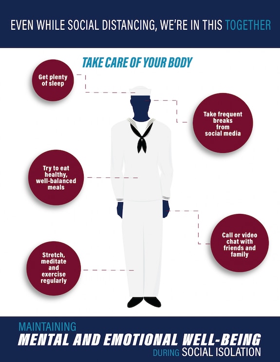 Image showing sailor in uniform with examples of taking care of your body. On the top, headline titled even while social distancing, we're in this together.
