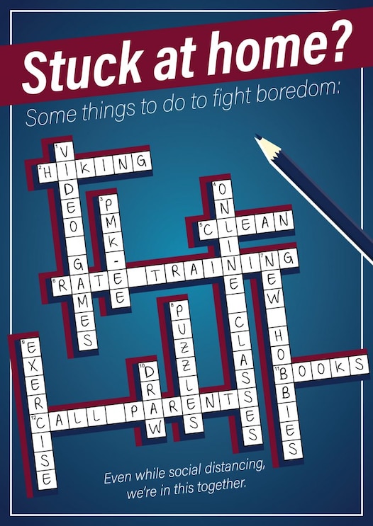 An image titled stuck at home: some things to do to fight boredom. Showing crossword puzzles with blue background