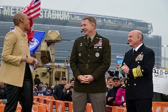 EAST RUTHERFORD, N.J. (Dec. 11, 2021) Chief of Naval Operations (CNO) Adm. Mike Gilday, right, and Chief of Staff of the Army Gen. James McConville, center, are interviewed on the set of ESPN’s College Gameday before the 122nd Army-Navy Football Game. (U.S. Navy photo by Mass Communication Specialist 1st Class Sean Castellano/Released)