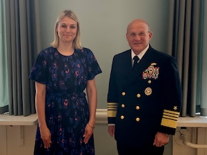 COPENHAGEN (June 1, 2021) Chief of Naval Operations (CNO) Adm. Mike Gilday meets with Danish Minister of Defence, Trine Bramsen during a visit to Copenhagen. Gilday visited Denmark to meet with his Navy counterpart as well as other senior Danish leadership to discuss areas for continued mutual cooperation. The U.S. Navy and the Royal Danish Navy routinely operate together throughout the globe, specifically in anti-submarine warfare and integrated air and missile defense. (U.S. Navy photo by Cmdr. Nate Christensen/Released)