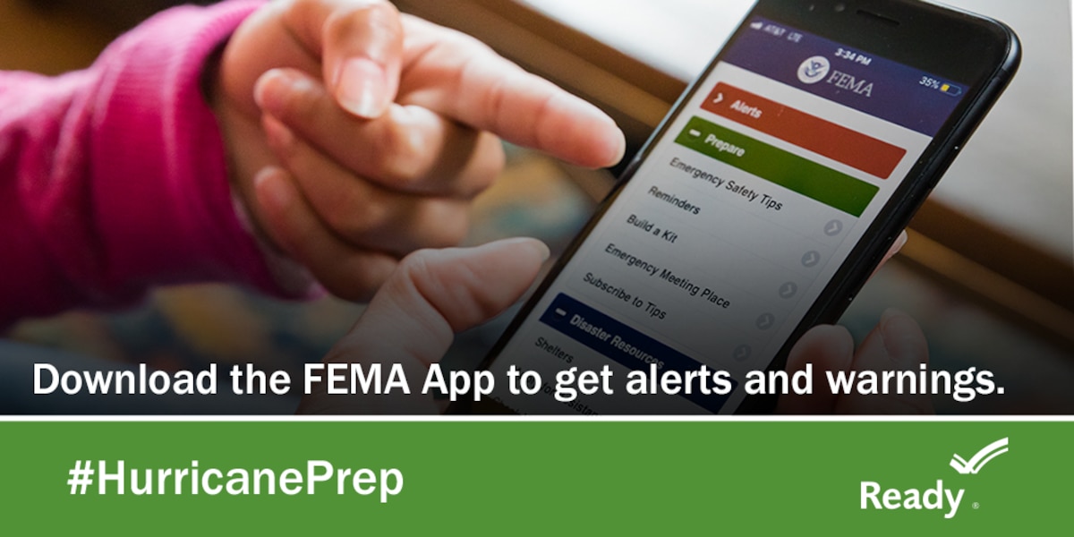 Graphic showing a hand pointing to text on a phone with the text: Download the FEMA App to get alerts and warnings.