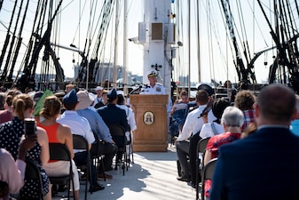 Chief of Naval Operations Adm. Mike Gilday gives remarks during a naturalization ceremony aboard USS Constitution.