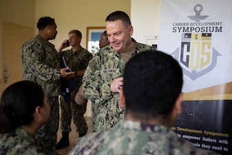 Chief of Naval Personnel Vice Adm. Rick Cheeseman speaks to Professional Apprenticeship Career Track (PACT) Sailors at the MyNavy HR Career Development Symposium Mid-Atlantic.ou