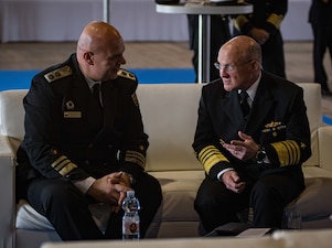 VENICE, Italy (Oct. 6, 2022) U.S. Navy Chief of Naval Operations Adm. Mike Gilday, right, meets with Commander of the Bulgarian Navy Rear Adm. Kiril Mikhaylov, during the 13th Trans-Regional Seapower Symposium (TRSS), hosted by the Italian Navy. Held every two years, TRSS provides a forum for international Naval leaders, organizations and agencies from more than 50 nations to discuss the latest developments in confronting maritime challenges. (U.S. Navy photo by Mass Communication Specialist 2nd class Cameron C. Edy)