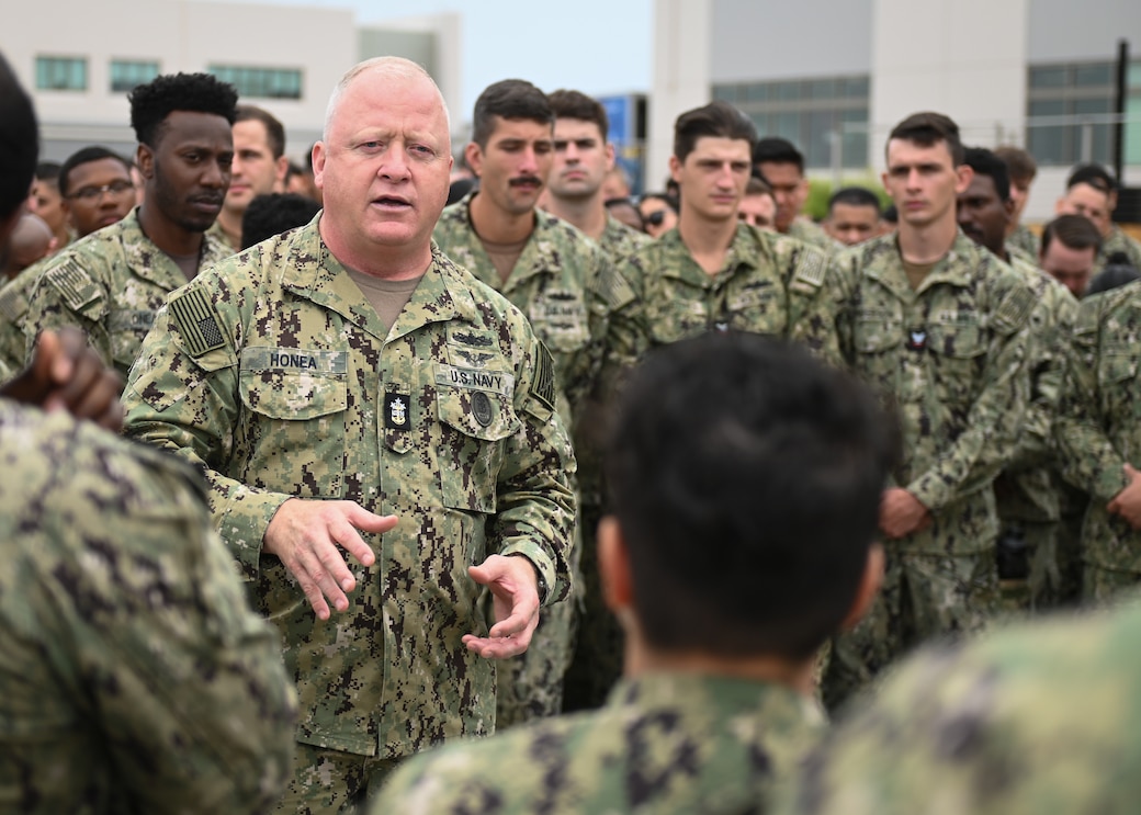 Master Chief Petty Officer of the Navy James Honea speaks with Sailors assigned to West Coast-based Naval Special Warfare commands during an all-hands call at Silver Strand Training Complex.