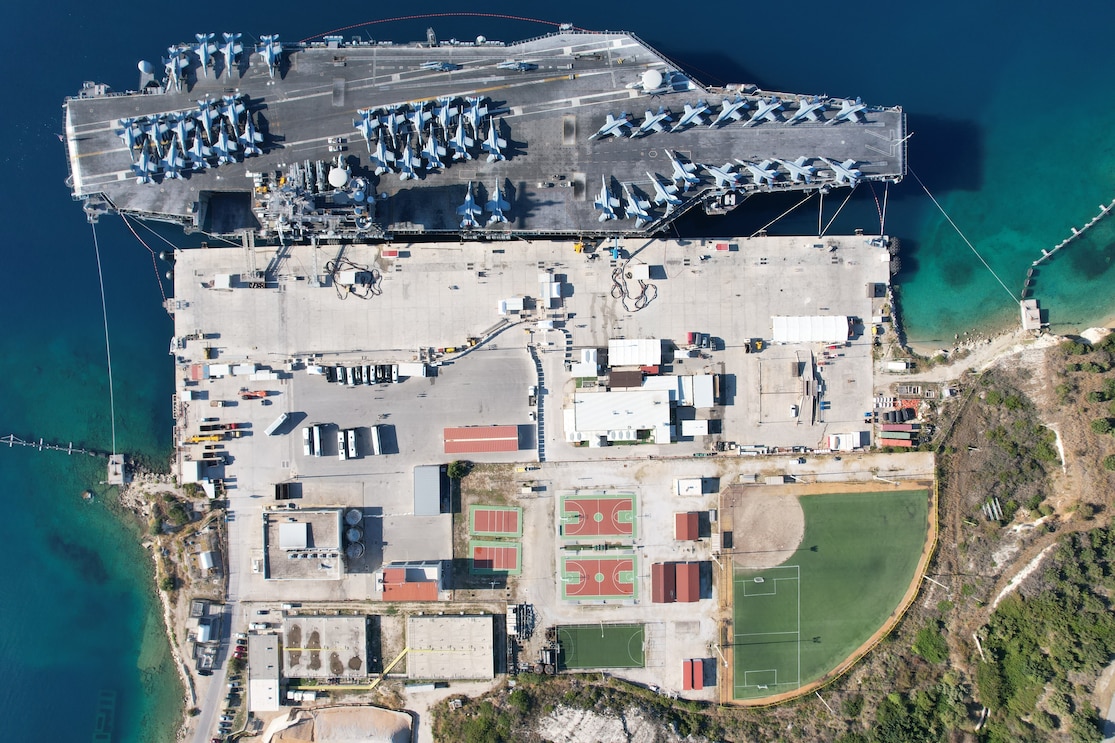 USS George H.W. Bush (CVN 77) is seen pierside at the NATO Marathi Pier Complex in Souda Bay, Crete.