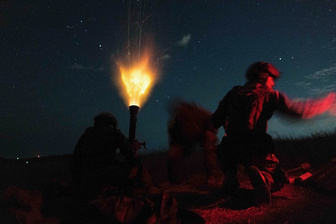 Marines conduct a fire mission during a field exercise.