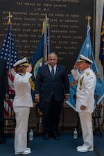 ANNAPOLIS, Md. (Aug. 14, 2023) Chief of Naval Operations (CNO) Adm. Mike Gilday is relieved by Vice Chief of Naval Operations Adm. Lisa Franchetti, during the relinquishment of office ceremony held at the United States Naval Academy, Aug. 14. In accordance with Title 10 of United States Code 8035, the Franchetti will perform the duties of the CNO until a 33rd Chief of Naval Operations is appointed. (U.S. Navy photo by Mass Communication Specialist 1st Class Michael Zingaro/Released)