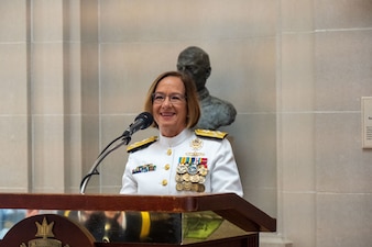 ANNAPOLIS, Md. (Aug. 14, 2023) Vice Chief of Naval Operations Adm. Lisa Franchetti delivers remarks during a relinquishment of office ceremony at the United States Naval Academy, Aug. 14. In accordance with Title 10 of United States Code 8035, the Vice Chief of Naval Operations, Adm. Lisa Franchetti, will perform the duties of the Chief of Naval Operations until a 33rd Chief of Naval Operations is appointed. (U.S. Navy photo by Mass Communication Specialist 1st Class Michael Zingaro/Released)