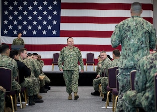 Chief of Naval Personnel Vice Adm. Rick Cheeseman answers questions during a Town Hall meeting at the MyNavy HR Career Development Symposium Pacific Northwest at Naval Station Everett.
