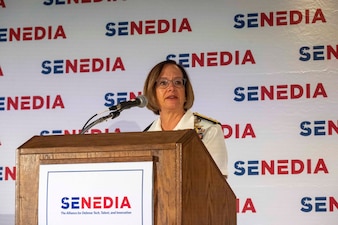 NEWPORT, R.I. (Aug. 29, 2023) – Vice Chief of Naval Operations Adm. Lisa Franchetti delivers remarks at the ninth annual Southeastern New England Defense Industry (SENEDIA) Defense Innovation Days, Aug. 29. Defense Innovation Days is a three-day conference that brings together national security experts and policymakers with defense industry leaders developing innovative technologies and the next-generation workforce. (U.S. Navy photo by Chief Mass Communication Specialist Amanda R. Gray/released)