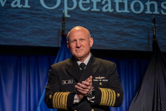 SAN DIEGO (Feb. 16, 2023) - Chief of Naval Operations (CNO) Adm. Mike Gilday delivers remarks during WEST 2023, in San Diego, Feb. 16. Co-sponsored by AFCEA International and the U.S. Naval Institute, West 2023 is the premier naval conference and exposition on the West Coast, bringing military and industry leaders together. (U.S. Navy photo by Mass Communication Specialist MC1 Michael B. Zingaro/released)