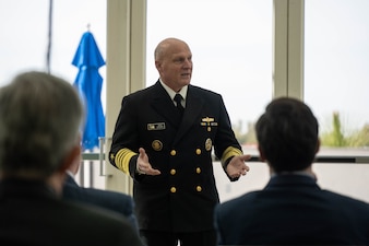 SAN DIEGO (Feb. 16, 2023) - Chief of Naval Operations (CNO) Adm. Mike Gilday delivers remarks during WEST 2023, in San Diego, Feb. 16. Co-sponsored by AFCEA International and the U.S. Naval Institute, West 2023 is the premier naval conference and exposition on the West Coast, bringing military and industry leaders together. (U.S. Navy photo by Mass Communication Specialist MC1 Michael B. Zingaro/released)