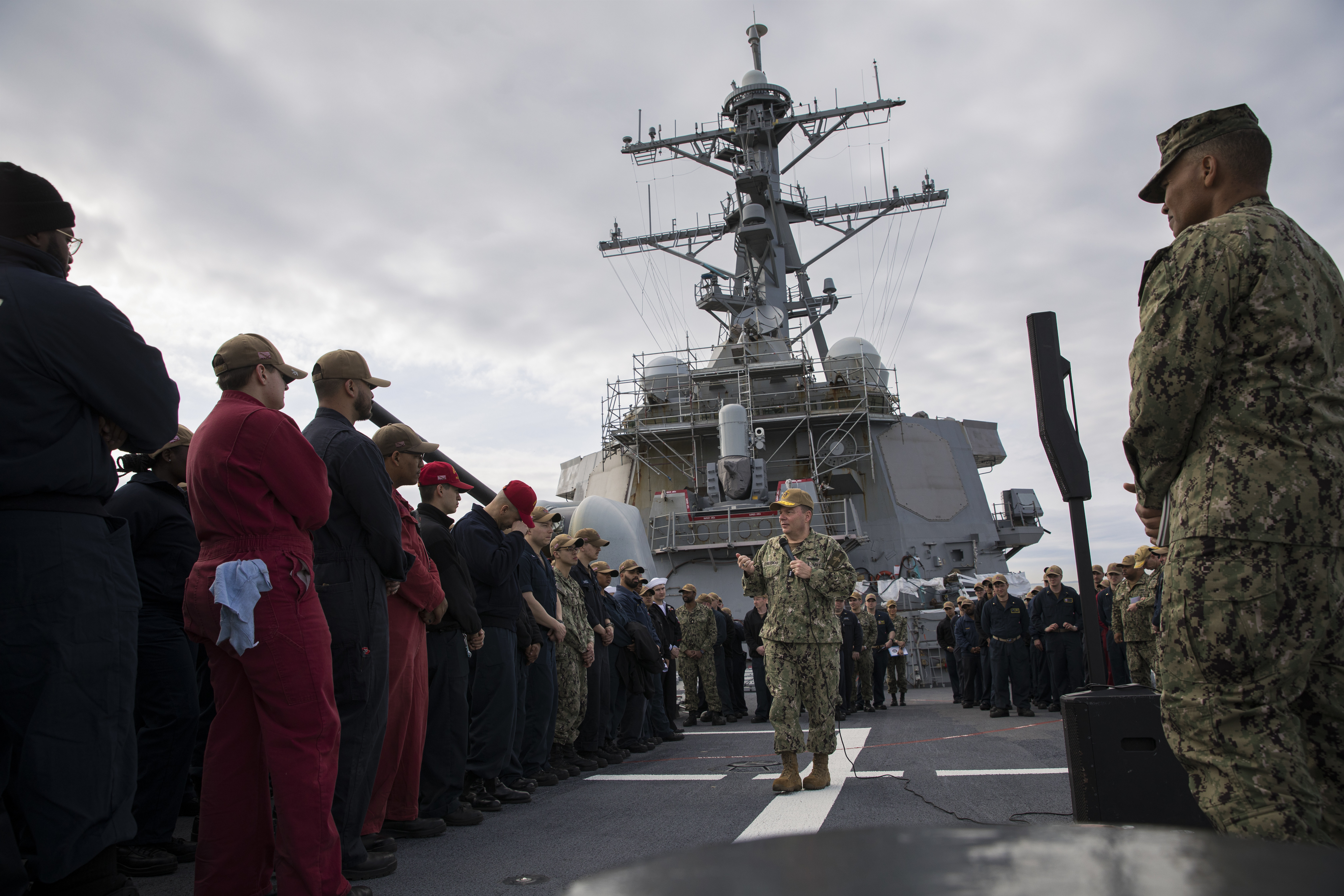 CNP talks to Sailors during an all-hands call on ship