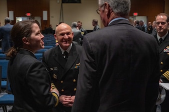 WASHINGTON (January 10, 2023) -- Chief of Naval Operations Adm. Mike Gilday attends the Surface Navy Association's 35th Annual National Symposium at the Hyatt Regency Crystal City in Washington D.C., Jan. 10. The symposium is a three-day conference that provides an opportunity for discussions on a broad range of professional and career issues for the surface Navy. (U.S. Navy photo by Chief Mass Communication Specialist Amanda Gray/released)