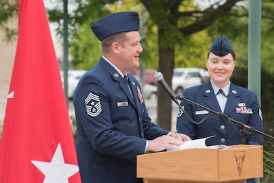 Command Chief Master Sgt. Sid Brown of the Idaho Air National Guard speaks at an event
