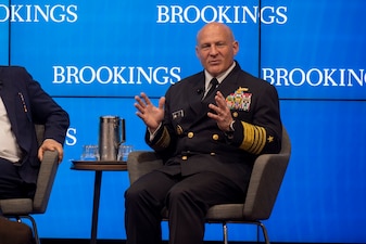 WASHINGTON (June 7, 2023) – Chief of Naval Operations Adm. Mike Gilday speaks on a panel alongside Mr. Bruce Jones, senior fellow at Brookings Institution; Ms. Margaret Leinen, director, Scripps Institution of Oceanography at UC San Diego; and Mr. Peter Levesque, president, CMA CGM North America and American President Lines, at the Brookings Institution in Washington, D.C., June 7. The panel, “The stakes at sea: America’s commercial, scientific, and naval roles in a changing global landscape,” discussed the importance of the maritime as it relates to defense, industry, and science. (U.S. Navy photo by Chief Mass Communication Specialist Amanda R. Gray/Released)