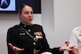U.S. Marine Corps Capt. Kelsey Hastings, the platoon commander of the Marine Corps Silent Drill Platoon, speaks at the Women’s Military Panel: An Insider View of Women in the Military hosted by New York University during Fleet Week New York (FWNY), May 25, 2023. FWNY 2023 provides an opportunity for the American public to meet Marines, Sailors, and Coast Guardsmen and see first-hand the latest capabilities of today’s maritime services. (U.S. Marine Corps photo by Lance Cpl. Enos Jimenez)