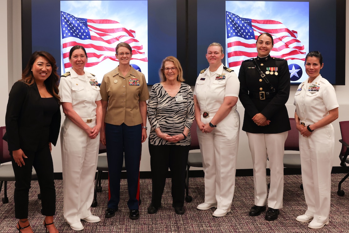 U.S. Marines and Sailors pose for a photo at the Women’s Military Panel: An Insider View of Women in the Military at New York University during Fleet Week New York (FWNY), May 25, 2023. FWNY 2023 provides an opportunity for the American public to meet Marines, Sailors, and Coast Guardsmen and see first-hand the latest capabilities of today’s maritime services. (U.S. Marine Corps photo by Lance Cpl. Enos Jimenez)