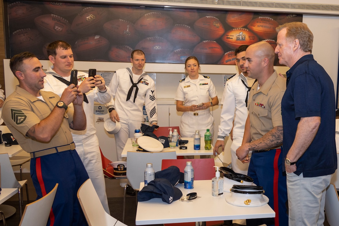 Marines, Sailors and Coast Guardsmen meet National Football League (NFL) Commissioner Roger Godell during a tour at the NFL Headquarters as part of Fleet Week New York (FWNY), May 25, 2023. During FWNY 2023, more than 3,000 service members from the Marine Corps, Navy and Coast Guard and our NATO allies from Great Britain, Italy and Canada are engaging in special events throughout New York City and the surrounding Tri-State Region, showcasing the latest capabilities of today’s maritime services and connecting with citizens. These events include free public ship tours, military static displays, and live band performances and parades. (Photo by Mass Communication Specialist 1st Class Pedro A. Rodriguez)