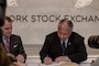 Secretary of the Navy, the Honorable Carlos Del Toro, stands alongside Josh King, head of corporate affairs for the New York Stock Exchange, as he signs the Closing Bell log at the New York Stock Exchange closing bell ceremony during Fleet Week New York (FWNY), May 25, 2023. During FWNY 2023, more than 3,000 service members from the Marine Corps, Navy and Coast Guard and our NATO allies from Great Britain, Italy and Canada are engaging in special events throughout New York City and the surrounding Tri-State Region, showcasing the latest capabilities of today’s maritime services and connecting with citizens. These events include free public ship tours, military static displays, and live band performances and parades. (U.S. Marine Corps photo by Sgt. Karen E. Amaro)