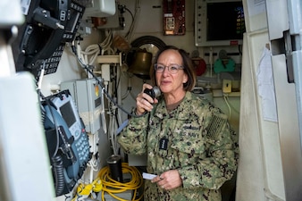 YOKOSUKA, Japan (Nov. 23, 2023) – Chief of Naval Operations Adm. Lisa Franchetti wishes the crew a 'Happy Thanksgiving' over the 1MC during a visit to the Arleigh Burke-class destroyer USS John Finn (DDG 113), Nov. 23. Franchetti and Master Chief Petty Officer of the Navy James Honea visited John Finn and other 7th Fleet commands to engage with Sailors and Navy leadership to highlight Franchetti's priority of strengthening the Navy team. (U.S. Navy photo by Chief Mass Communication Specialist Amanda R. Gray)