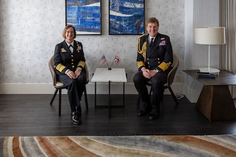NEWPORT, R.I. (Sept. 19, 2023) – Vice Chief of Naval Operations Adm. Lisa Franchetti meets with The Royal Navy First Sea Lord and Chief of Naval Staff Admiral Sir Benjamin John Key during the 25th International Seapower Symposium (ISS), in Newport, R.I, Sept. 19. ISS is a biennial event hosted by the Office of the Chief of Naval Operations (CNO) at the United States Naval War College since 1969. The symposium provides a forum for dialogue that bolsters maritime security by providing opportunities for international heads of navies and coast guards to collaborate, develop trust, and further maritime training. (U.S. Navy photo by Chief Mass Communication Specialist Amanda Gray/Released)