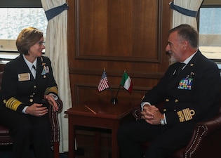 NEWPORT, R.I. (Sept. 20, 2023) – Vice Chief of Naval Operations Adm. Lisa Franchetti speaks with Admiral Enrico Credendino, Chief of the Italian Navy during the 25th International Seapower Symposium (ISS), in Newport, R.I, Sept. 20. ISS is a biennial event hosted by the Office of the Chief of Naval Operations (CNO) at the United States Naval War College since 1969. The symposium provides a forum for dialogue that bolsters maritime security by providing opportunities for international heads of navies and coast guards to collaborate, develop trust, and further maritime training. (U.S. Navy photo by Mass Communication Specialist Second Class Jonteil L. Johnson/Released)