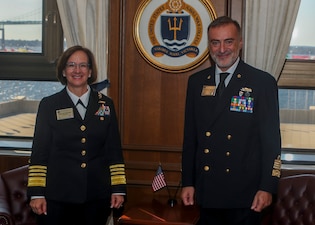 NEWPORT, R.I. (Sept. 20, 2023) – Vice Chief of Naval Operations Adm. Lisa Franchetti speaks with Admiral Enrico Credendino, Chief of the Italian Navy during the 25th International Seapower Symposium (ISS), in Newport, R.I, Sept. 20. ISS is a biennial event hosted by the Office of the Chief of Naval Operations (CNO) at the United States Naval War College since 1969. The symposium provides a forum for dialogue that bolsters maritime security by providing opportunities for international heads of navies and coast guards to collaborate, develop trust, and further maritime training. (U.S. Navy photo by Mass Communication Specialist Second Class Jonteil L. Johnson/Released)