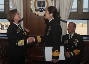 NEWPORT, R.I. (Sept. 20, 2023) – Vice Chief of Naval Operations Adm. Lisa Franchetti speaks with Rear Admiral Gökçen Firat, Director of Defense Planning and Project Management Directorate, Türkiye's first female flag officer, during the 25th International Seapower Symposium (ISS), in Newport, R.I, Sept. 20. ISS is a biennial event hosted by the Office of the Chief of Naval Operations (CNO) at the United States Naval War College since 1969. The symposium provides a forum for dialogue that bolsters maritime security by providing opportunities for international heads of navies and coast guards to collaborate, develop trust, and further maritime training. (U.S. Navy photo by Mass Communication Specialist Second Class Jonteil L. Johnson/Released)