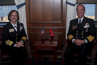 NEWPORT, R.I. (Sept. 20, 2023) – Vice Chief of Naval Operations Adm. Lisa Franchetti speaks with Admiral Ercüment TATLIOĞLU, Commander of the Turkish Naval Forces during the 25th International Seapower Symposium (ISS), in Newport, R.I, Sept. 20. ISS is a biennial event hosted by the Office of the Chief of Naval Operations (CNO) at the United States Naval War College since 1969. The symposium provides a forum for dialogue that bolsters maritime security by providing opportunities for international heads of navies and coast guards to collaborate, develop trust, and further maritime training. (U.S. Navy photo by Mass Communication Specialist Second Class Jonteil L. Johnson/Released)