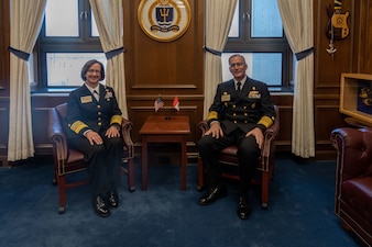 NEWPORT, R.I. (Sept. 20, 2023) – Vice Chief of Naval Operations Adm. Lisa Franchetti meets with Commander in Chief of the Peruvian Navy Admiral Luis Jose Polar Figari during the 25th International Seapower Symposium (ISS), in Newport, R.I, Sept. 20. ISS is a biennial event hosted by the Office of the Chief of Naval Operations (CNO) at the United States Naval War College since 1969. The symposium provides a forum for dialogue that bolsters maritime security by providing opportunities for international heads of navies and coast guards to collaborate, develop trust, and further maritime training. (U.S. Navy photo by Chief Mass Communication Specialist Amanda Gray/Released)