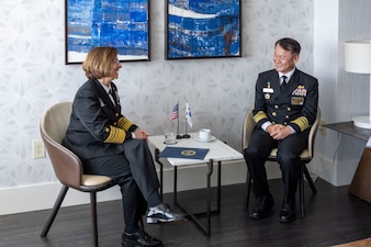 NEWPORT, R.I. (Sept. 19, 2023) – Vice Chief of Naval Operations Adm. Lisa Franchetti meets with The Republic of Korea Vice Chief of Naval Operations Vice Adm. Donghun Kang during the 25th International Seapower Symposium (ISS), in Newport, R.I, Sept. 19. ISS is a biennial event hosted by the Office of the Chief of Naval Operations (CNO) at the United States Naval War College since 1969. The symposium provides a forum for dialogue that bolsters maritime security by providing opportunities for international heads of navies and coast guards to collaborate, develop trust, and further maritime training. (U.S. Navy photo by Chief Mass Communication Specialist Amanda Gray/Released)