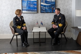 NEWPORT, R.I. (Sept. 19, 2023) – Vice Chief of Naval Operations Adm. Lisa Franchetti meets with Chief of Royal Australian Navy Vice Adm. Mark Hammond during the 25th International Seapower Symposium (ISS), in Newport, R.I, Sept. 19. ISS is a biennial event hosted by the Office of the Chief of Naval Operations (CNO) at the United States Naval War College since 1969. The symposium provides a forum for dialogue that bolsters maritime security by providing opportunities for international heads of navies and coast guards to collaborate, develop trust, and further maritime training. (U.S. Navy photo by Chief Mass Communication Specialist Amanda Gray/Released)