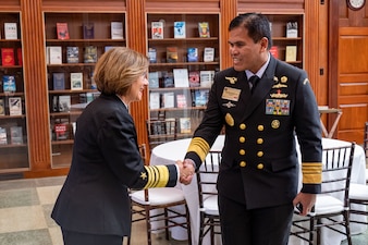 NEWPORT, R.I. (Sept. 20, 2023) – Vice Chief of Naval Operations Adm. Lisa Franchetti meets with Chief of Naval Staff, Indonesian Navy Adm. Muhammad Ali during the 25th International Seapower Symposium (ISS), in Newport, R.I, Sept. 20. ISS is a biennial event hosted by the Office of the Chief of Naval Operations (CNO) at the United States Naval War College since 1969. The symposium provides a forum for dialogue that bolsters maritime security by providing opportunities for international heads of navies and coast guards to collaborate, develop trust, and further maritime training. (U.S. Navy photo by Chief Mass Communication Specialist Amanda Gray/Released)