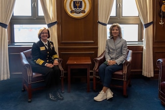 NEWPORT, R.I. (Sept. 20, 2023) – Vice Chief of Naval Operations Adm. Lisa Franchetti meets with U.S. Ambassador to Australia Caroline Kennedy during the 25th International Seapower Symposium (ISS), in Newport, R.I, Sept. 20. ISS is a biennial event hosted by the Office of the Chief of Naval Operations (CNO) at the United States Naval War College since 1969. The symposium provides a forum for dialogue that bolsters maritime security by providing opportunities for international heads of navies and coast guards to collaborate, develop trust, and further maritime training. (U.S. Navy photo by Chief Mass Communication Specialist Amanda Gray/Released)