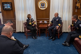 NEWPORT, R.I. (Sept. 21, 2023) – Vice Chief of Naval Operations Adm. Lisa Franchetti meets with Commander in Chief, Israeli Navy, Vice Adm. David Saar Salama during the 25th International Seapower Symposium (ISS), in Newport, R.I, Sept. 21. ISS is a biennial event hosted by the Office of the Chief of Naval Operations (CNO) at the United States Naval War College since 1969. The symposium provides a forum for dialogue that bolsters maritime security by providing opportunities for international heads of navies and coast guards to collaborate, develop trust, and further maritime training. (U.S. Navy photo by Chief Mass Communication Specialist Amanda Gray/Released)