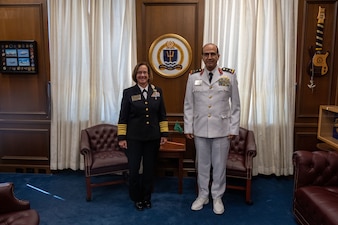 NEWPORT, R.I. (Sept. 21, 2023) – Vice Chief of Naval Operations Adm. Lisa Franchetti meets with Commander, Royal Saudi Naval Forces Adm. Fahad Al-Ghofaily during the 25th International Seapower Symposium (ISS), in Newport, R.I, Sept. 21. ISS is a biennial event hosted by the Office of the Chief of Naval Operations (CNO) at the United States Naval War College since 1969. The symposium provides a forum for dialogue that bolsters maritime security by providing opportunities for international heads of navies and coast guards to collaborate, develop trust, and further maritime training. (U.S. Navy photo by Chief Mass Communication Specialist Amanda Gray/Released)