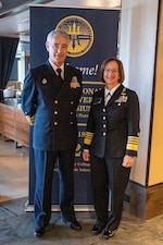 NEWPORT, R.I. (Sept. 22, 2023) – Vice Chief of Naval Operations Adm. Lisa Franchetti meets with Chief of Staff of the Spanish Navy Adm. Antonio Piñeiro during the 25th International Seapower Symposium (ISS), in Newport, R.I, Sept. 22. ISS is a biennial event hosted by the Office of the Chief of Naval Operations (CNO) at the United States Naval War College since 1969. The symposium provides a forum for dialogue that bolsters maritime security by providing opportunities for international heads of navies and coast guards to collaborate, develop trust, and further maritime training. (U.S. Navy photo by Chief Mass Communication Specialist Amanda Gray/Released)