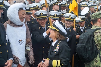 ANNAPOLIS, Md. (Oct. 21, 2023) -- Vice Chief of Naval Operations Adm. Lisa Franchetti meets with United States Naval Academy Midshipmen before an NCAA football game against the U.S. Air Force Academy at Navy Marine Corps Stadium, Oct. 21, 2023. This is the 56th Navy-Air Force football game, with Air Force leading the all-time series 33-22. (U.S. Navy photo by Mass Communication Specialist 2nd Class Jonteil Johnson/Released)