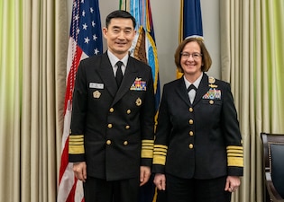 WASHINGTON (Feb. 1, 2024) – Chief of Naval Operations Adm. Lisa Franchetti meets with Republic of Korea Chief of Naval Operations Adm. Yang Yong-mo for an office call at the Pentagon, Feb. 1. During the counterpart visit, Yang toured different facilities, received demonstrations on a variety of capabilities, and conducted meetings with senior U.S. Navy leaders to discuss maritime security cooperation, interoperability, and readiness. (U.S. Navy photo by Chief Mass Communication Specialist Michael B. Zingaro)